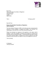 House of Lords Select Committee on Regulators HBF response 8 February 2007 with Covering Letter
